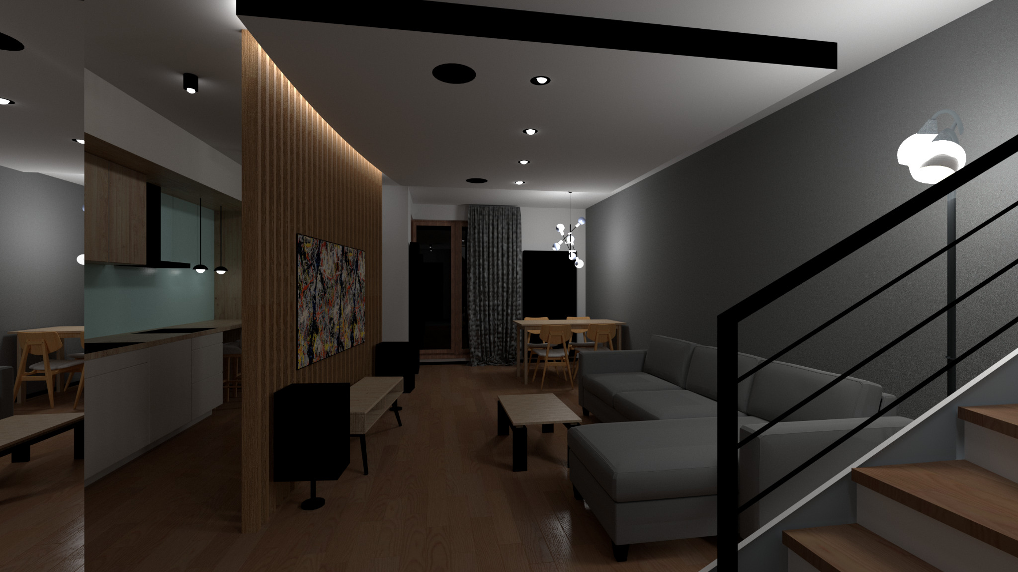 Wizualizacja wnętrza domu z otwartą kuchnią, salonem i schodami; ściana z drewnianych paneli z abstrakcyjnym obrazem, szara sofa narożna, drewniane schody z czarną balustradą.