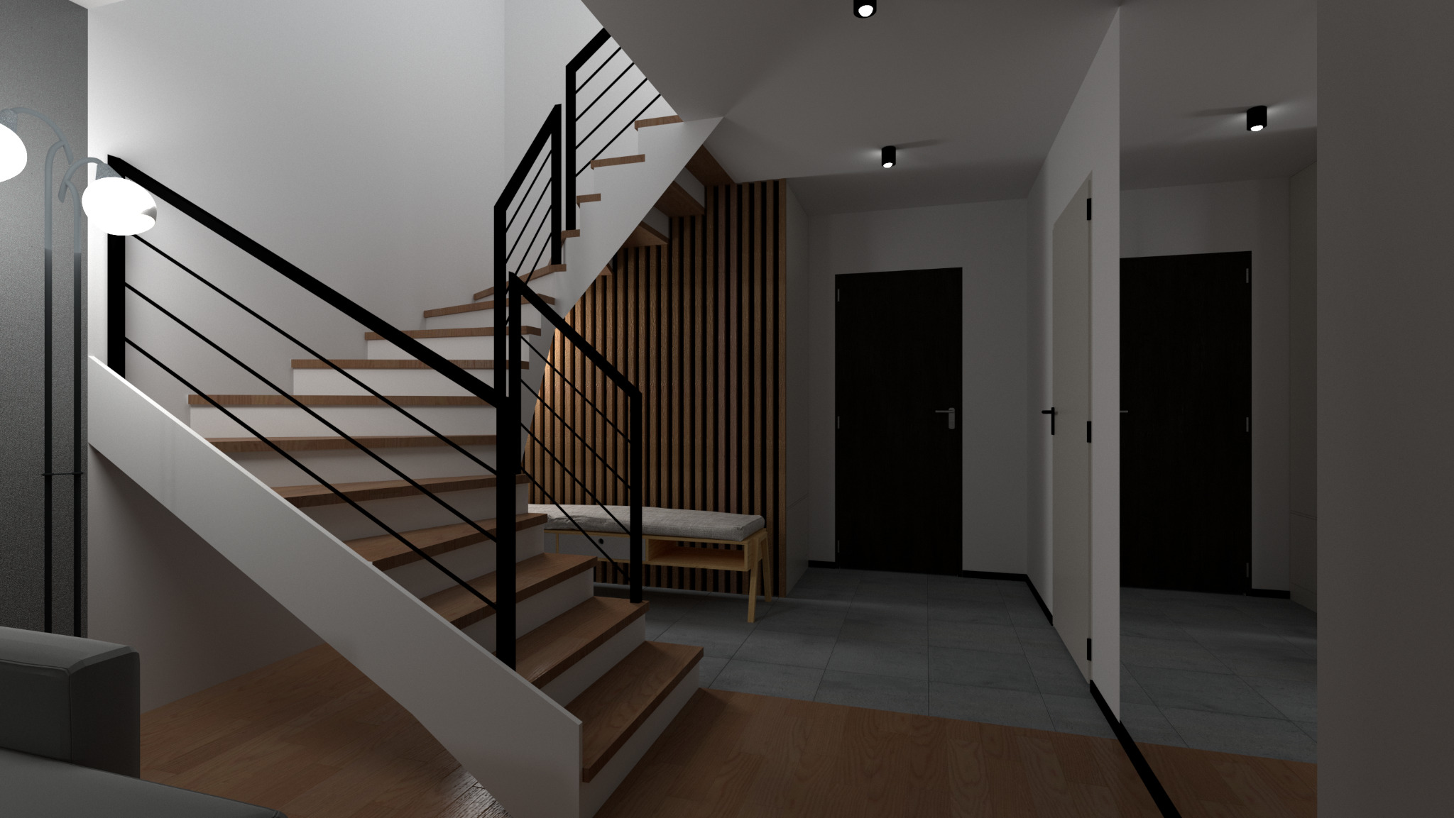 Wizualizacja wnętrza domu z drewnianymi schodami z czarną balustradą, drewnianą ścianką działową, szarą ławką i dwiema czarnymi drzwiami.