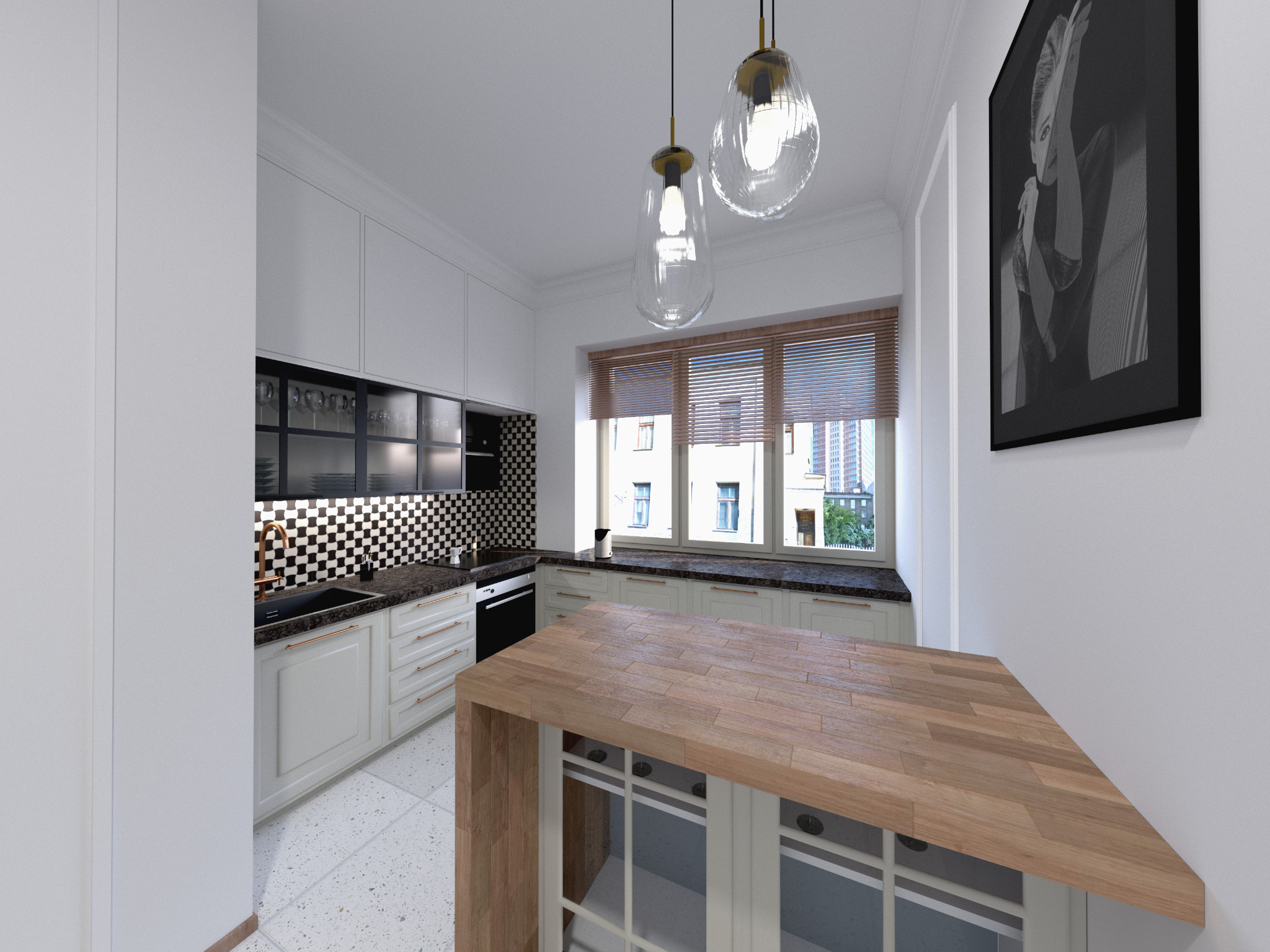 Nowoczesna kuchnia z białymi szafkami, czarnym blatem i mozaiką na ścianie, oświetlona wiszącymi lampami z przezroczystego szkła. Na ścianie wisi czarno-biały portret kobiety.