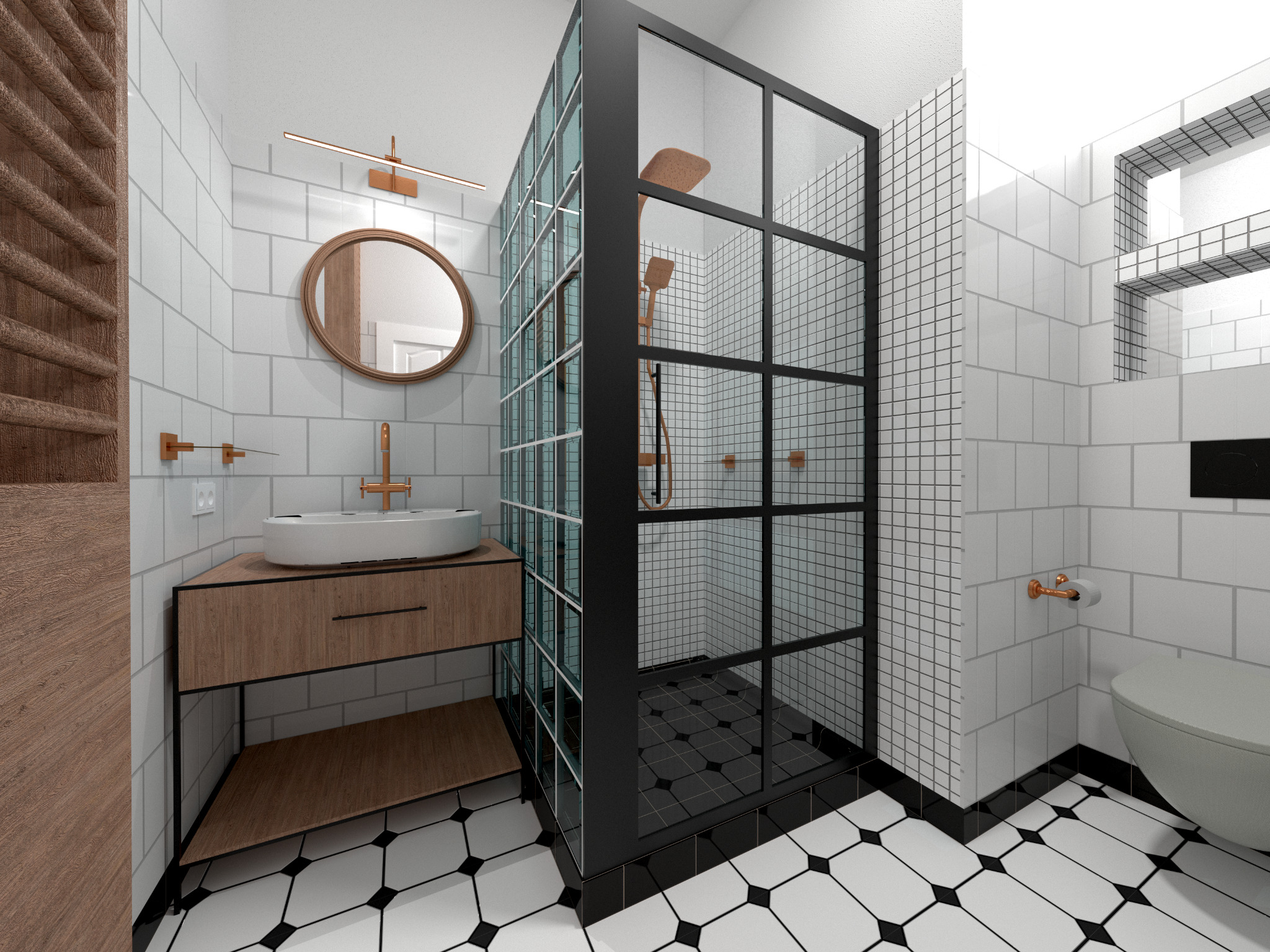 Nowoczesna łazienka z kabiną prysznicową typu walk-in z czarną ramą, umywalką nablatową na drewnianej szafce, lustrem w drewnianej ramie i czarno-białą podłogą w karo.