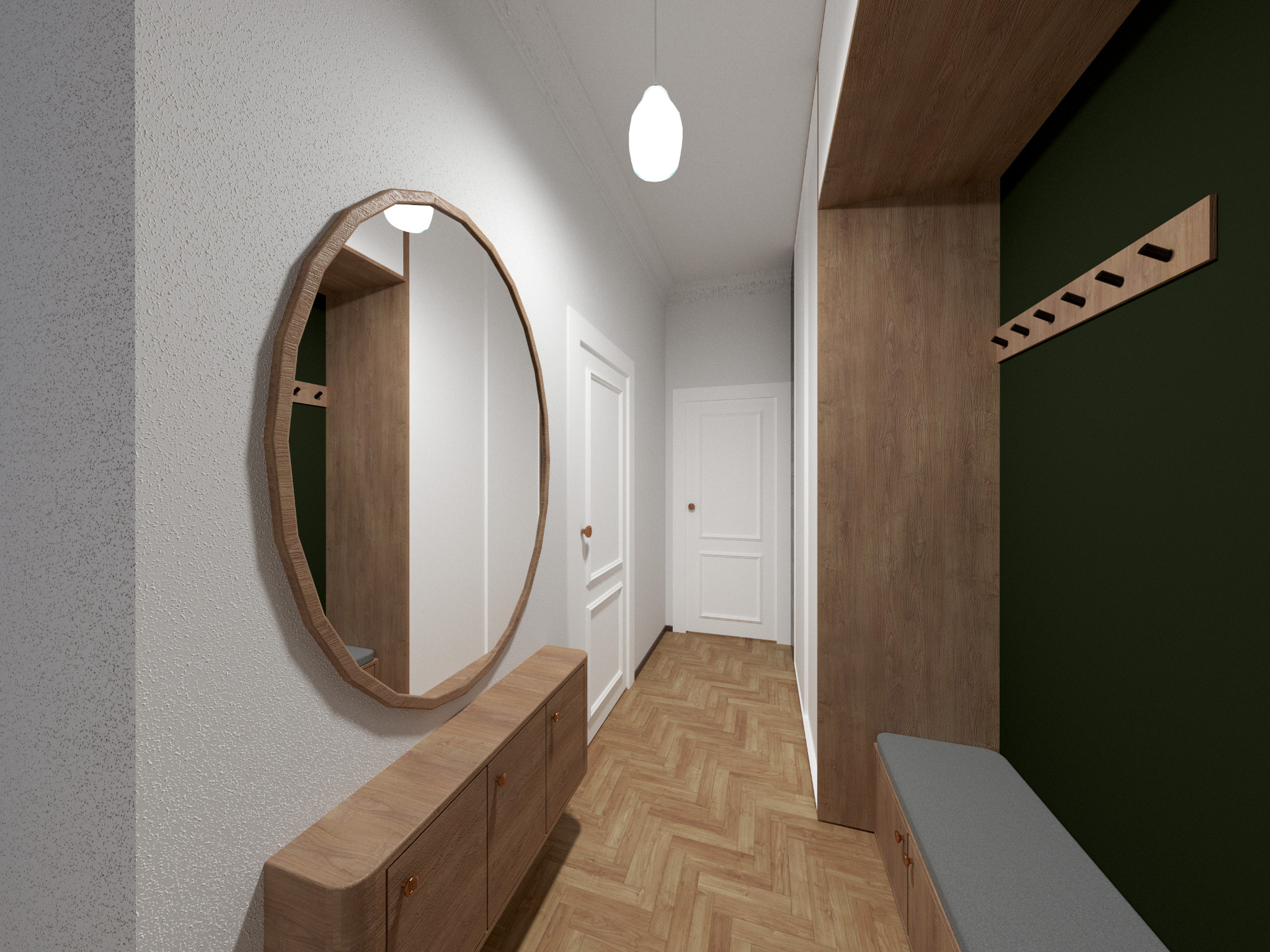 Wizualizacja przestronnego przedpokoju z okrągłym lustrem w drewnianej ramie, komodą, wieszakiem na ścianie w kolorze butelkowej zieleni oraz parkietem ułożonym w jodełkę.