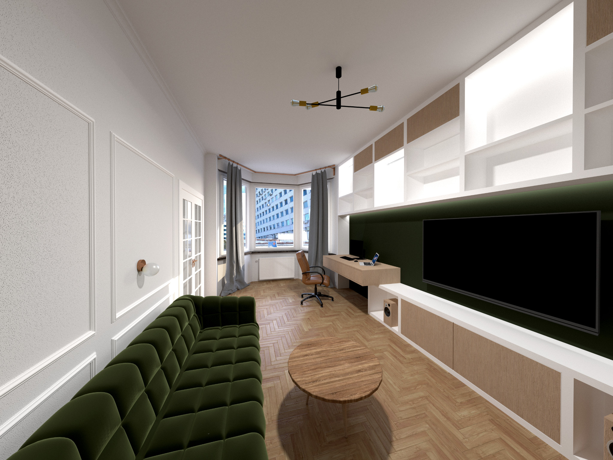 Wizualizacja salonu z zieloną sofą Chesterfield, okrągłym drewnianym stolikiem kawowym i biurkiem z laptopem przy oknie z widokiem na miasto. Na ścianie zabudowa meblowa z telewizorem.