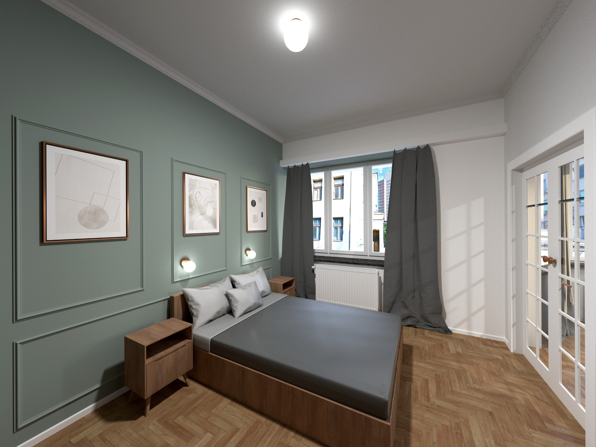 Sypialnia w mieszkaniu w stylu modernistycznym: ściany w kolorze szałwii z dekoracyjnymi listwami, drewniana podłoga w jodełkę, łóżko z szarą pościelą, stoliki nocne z lampkami, okno z szarymi...