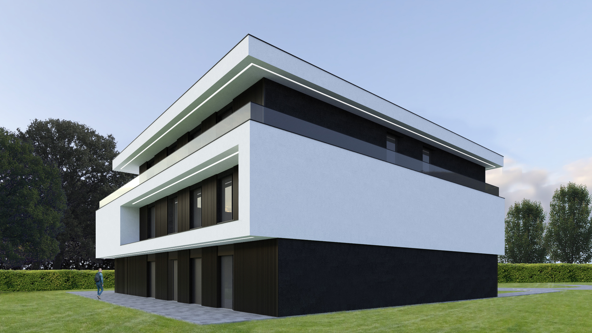 Wizualizacja nowoczesnego, dwukondygnacyjnego domu z płaskim dachem, białymi elewacjami i czarnymi akcentami. Oświetlenie LED podkreśla architekturę budynku.