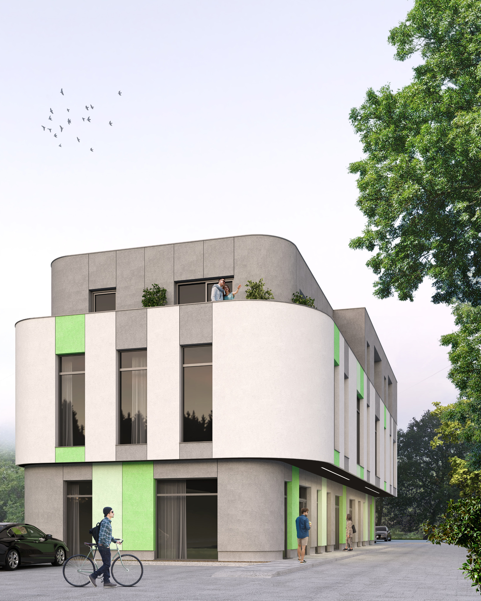 Wizualizacja budynku usługowego z zaokrąglonymi narożnikami, akcentami w kolorze zielonym, z osobami w otoczeniu i ptakami na niebie.