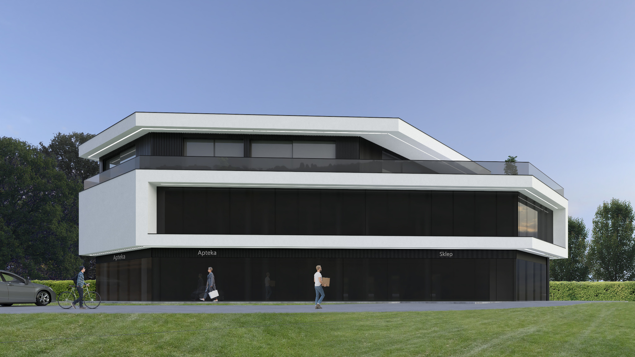 Nowoczesny budynek usługowy z białymi elewacjami, szklanymi panelami i napisem 'Apteka' oraz 'Sklep', otoczony zielenią i z przechodzącymi ludźmi.
