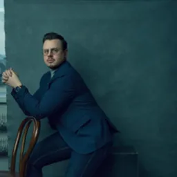 Portret mężczyzny w okularach i granatowym garniturze, opierającego się o krzesło na tle abstrakcyjnego tła z widokiem na miasto.