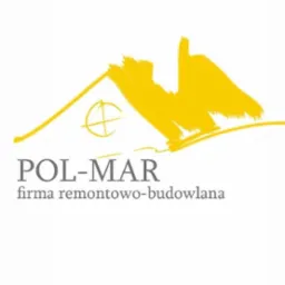 Logo firmy remontowo-budowlanej POL-MAR z abstrakcyjnym symbolem domu w kolorze żółtym.