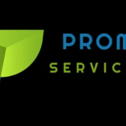 Logo firmy Promax Service z geometrycznym symbolem w odcieniach zieleni i błękitu na czarnym tle.