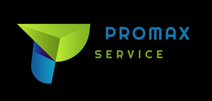 Logo firmy Promax Service z geometrycznym symbolem w odcieniach zieleni i błękitu na czarnym tle.