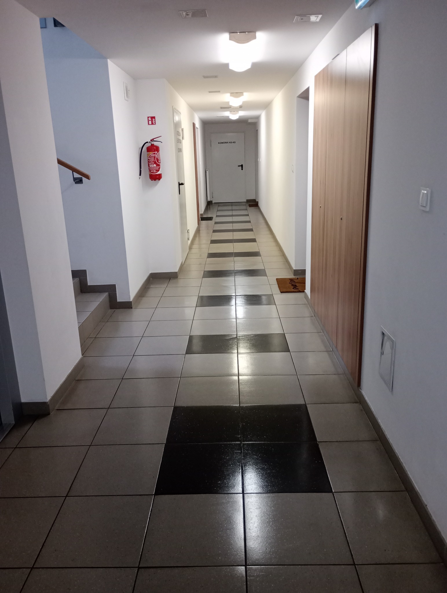 Wnętrze biurowego korytarza z szaro-czarną podłogą z płytek, białymi ścianami, gaśnicą i drzwiami do pomieszczeń biurowych.