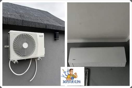 Dwa ujęcia: Jednostka zewnętrzna klimatyzatora AUX zamontowana na szarej ścianie pod szarym dachem, z widocznymi białymi przewodami. Drugie ujęcie: Jednostka wewnętrzna klimatyzatora AUX...