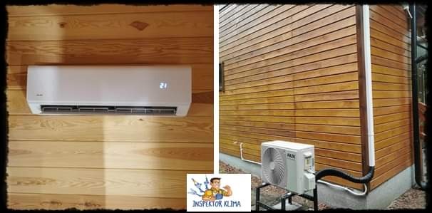 Klimatyzator typu split zamontowany w drewnianym domu, widoczna jednostka wewnętrzna i zewnętrzna, z logo 'Inspektor Klima' w rogu.