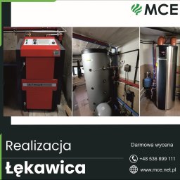 Małopolskie Centrum Ekologiczne Sp. z o.o. - Kolaż: czerwony piec CO Atmos Prestige, szary zbiornik akumulacyjny i srebrny podgrzewacz wody Krommler w kotłowni. Widoczne rury i instalacje. Realizacja Łękawica.