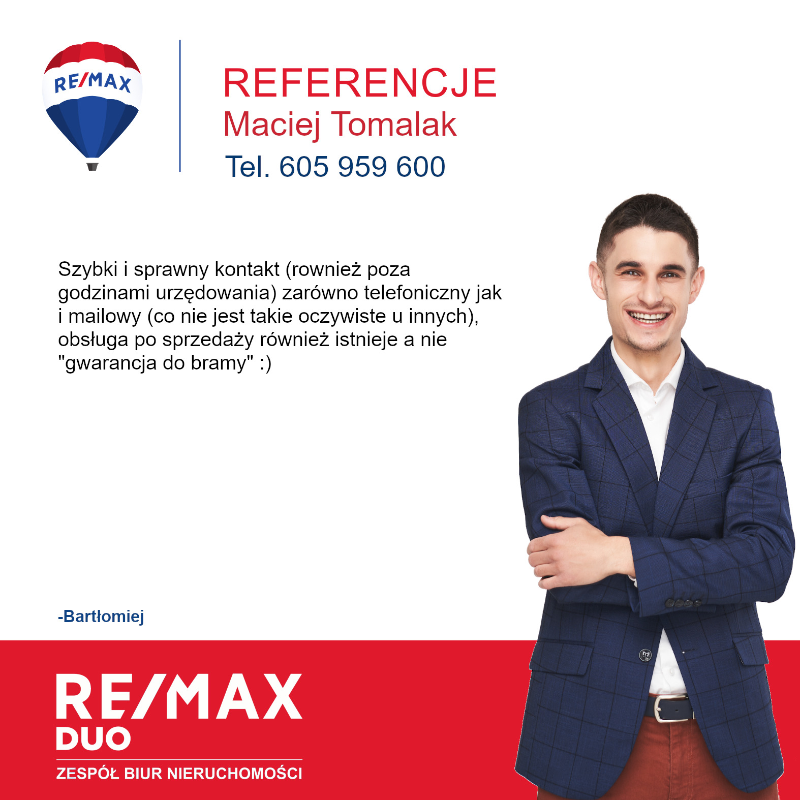 Referencje od zadowolonego klienta agencji nieruchomości w Krakowie: uśmiechnięty mężczyzna w marynarce na tle tekstu z pochlebną opinią i logo firmy.