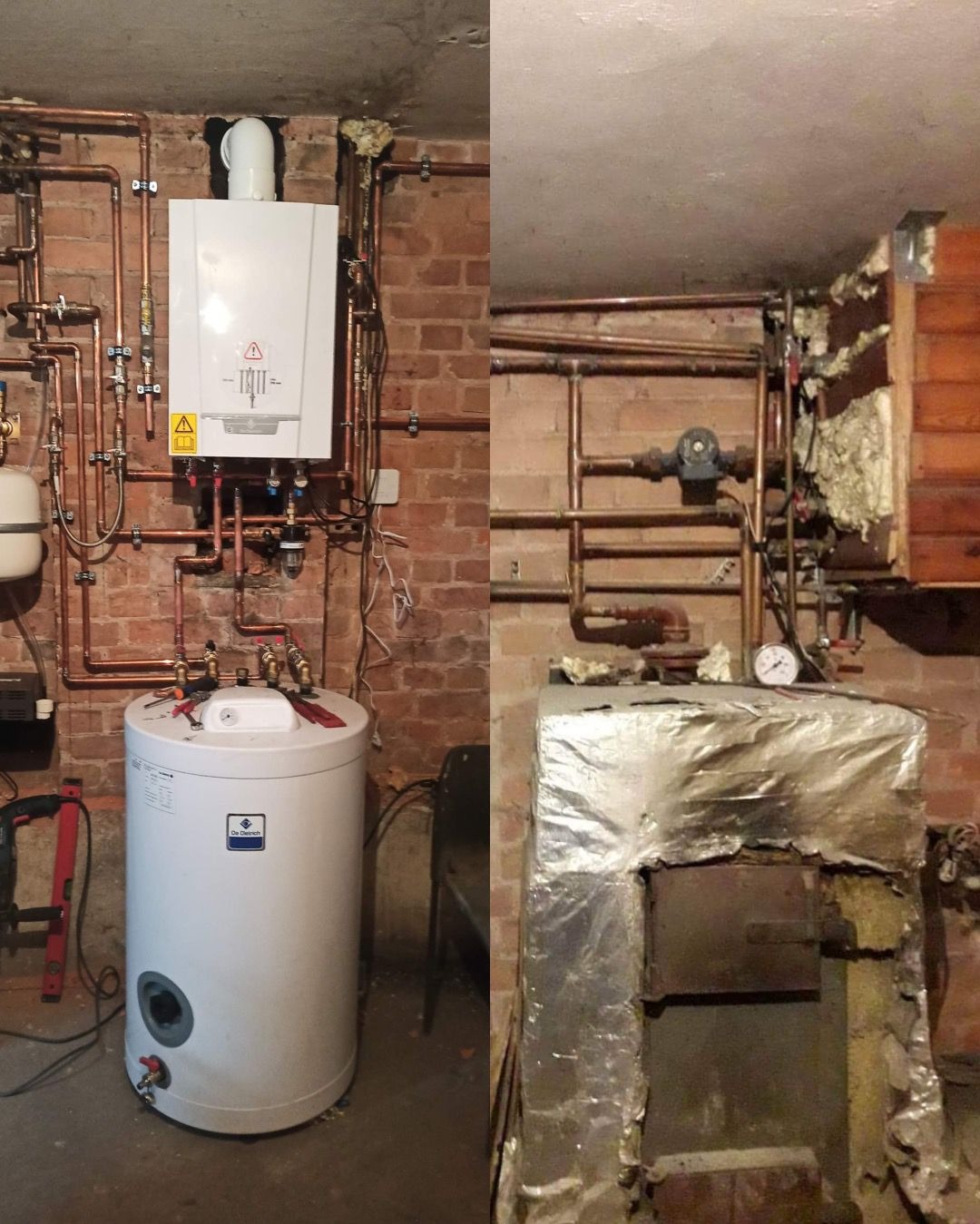Porównanie starego i nowego systemu grzewczego: nowy piec gazowy kondensacyjny z zasobnikiem ciepłej wody na tle ceglanej ściany, obok stary piec owinięty folią izolacyjną.