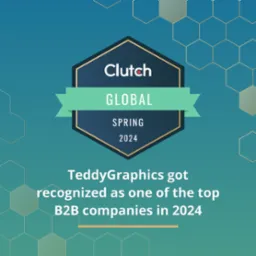 Grafika z logo Clutch Global Spring 2024, informująca o uznaniu TeddyGraphics za jedną z najlepszych firm B2B w 2024 roku, na tle z heksagonami.