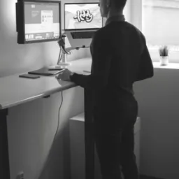 Mężczyzna stoi przy biurku z podnoszonym blatem, pracując na laptopie z wyświetlonym logo i monitorze z widoczną stroną internetową. Ustawienie w biurze, widok z tyłu, czarno-białe zdjęcie.