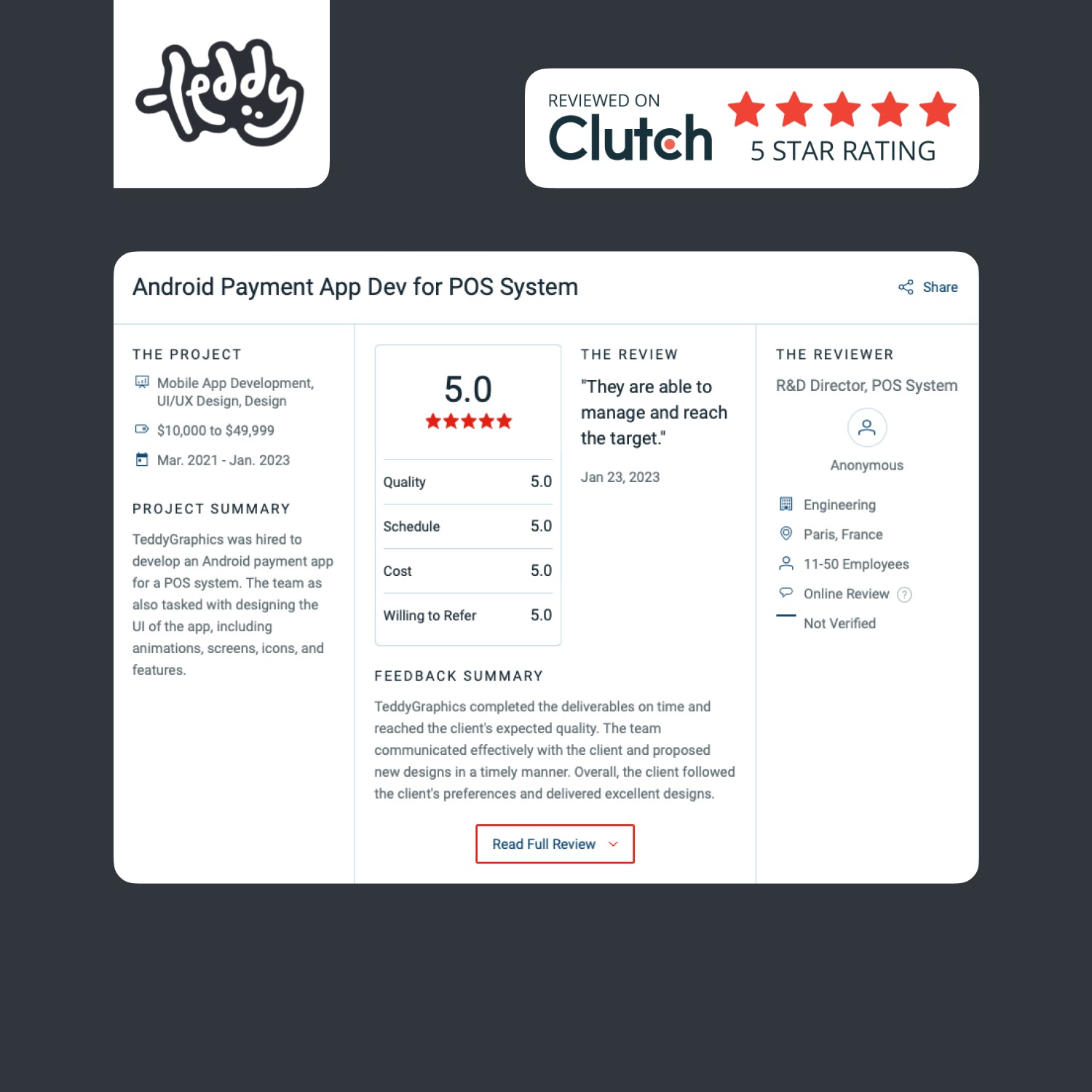 Zrzut ekranu recenzji firmy TeddyGraphics na platformie Clutch, prezentujący ocenę 5.0 za jakość, terminowość, koszt i gotowość do polecenia, wraz z podsumowaniem projektu tworzenia aplikacji...