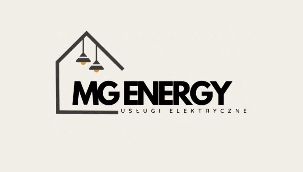 Logo firmy MG Energy z Wilgi, świadczącej usługi elektryczne. Grafika przedstawia zarys domu z dwoma lampami i napisem MG ENERGY USŁUGI ELEKTRYCZNE.