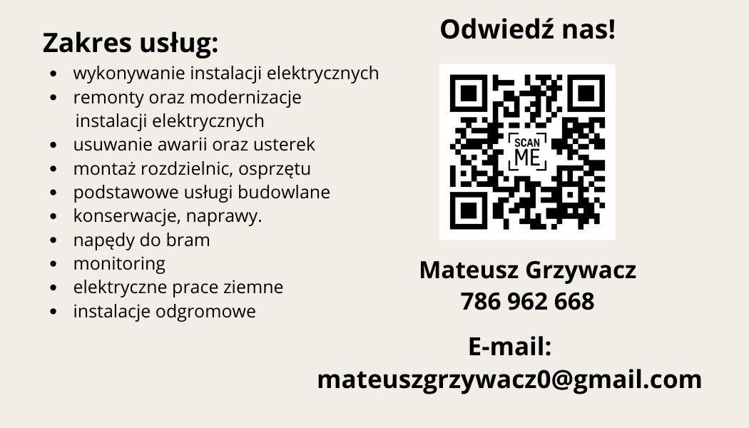 Wizytówka firmy elektrycznej z listą oferowanych usług, kodem QR i danymi kontaktowymi.