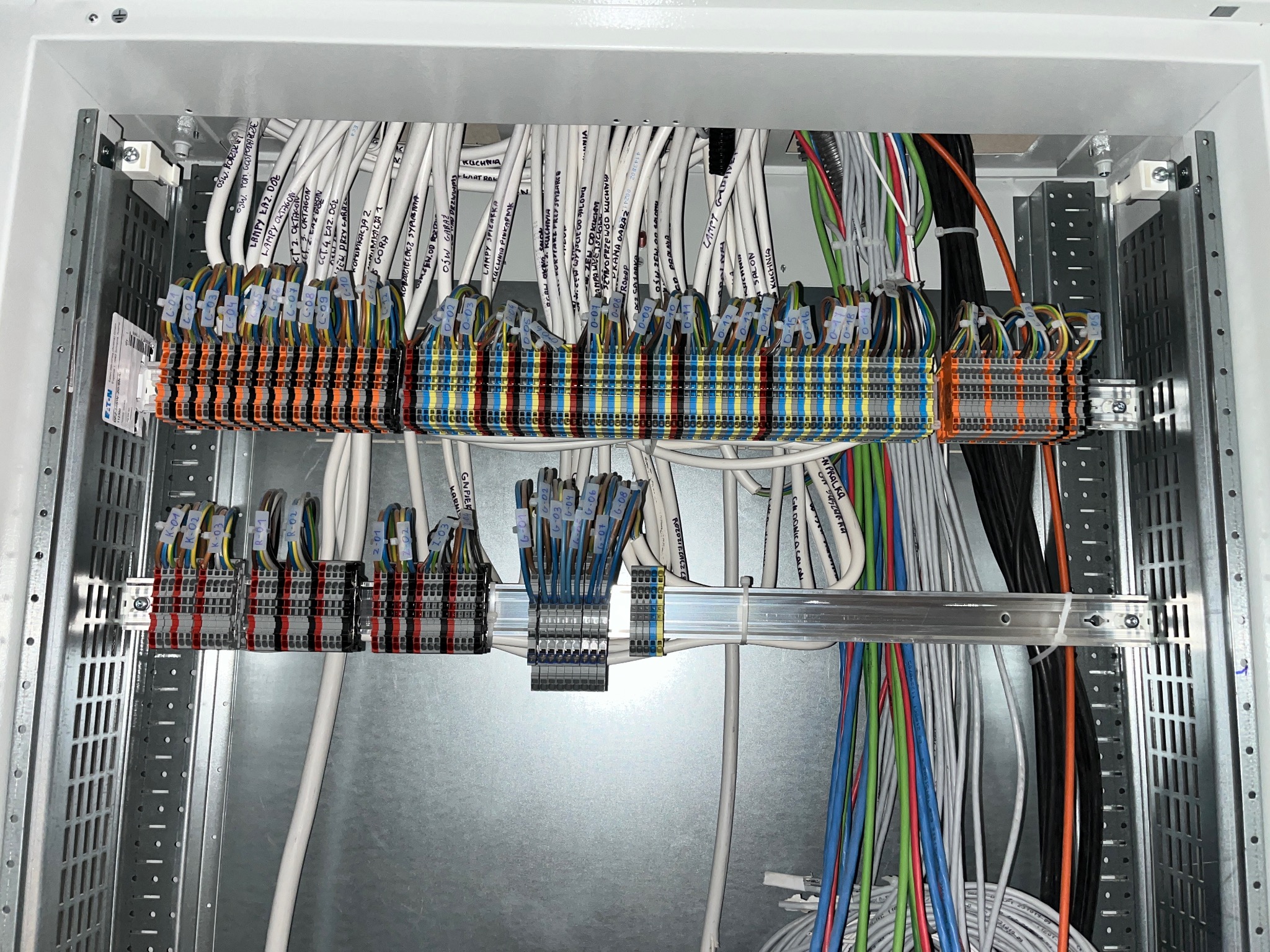 Rozdzielnica elektryczna w metalowej obudowie z widocznymi przewodami oznaczonymi etykietami i podłączonymi do listew zaciskowych w kolorach pomarańczowym, niebieskim, czerwonym i szarym.