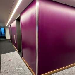 Silesia Vision Mateusz Drzazgowski - Fioletowa ściana z metalowymi listwami i drewnianym wykończeniem wzdłuż podłogi, oświetlona ledowym światłem sufitowym w korytarzu biurowym.