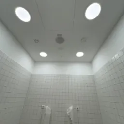 Biała łazienka w trakcie wykończenia: ściany wyłożone kwadratowymi płytkami, sufit z okrągłymi lampami i otworem rewizyjnym. Widoczne zabezpieczone rury.