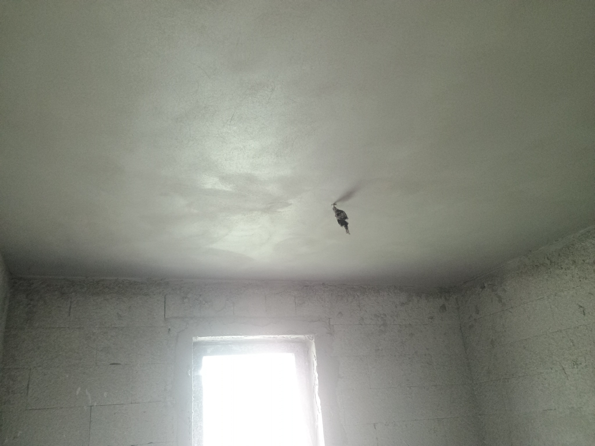 Świeżo otynkowany sufit z widocznym otworem na instalację elektryczną i fragmentem ściany z pustaków, oświetlony jasnym światłem wpadającym przez okno.