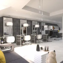 Wnętrze nowoczesnego salonu fryzjerskiego z szarymi ścianami, białymi meblami, stanowiskami pracy z lustrami i krzesłami, strefą poczekalni z szarą sofą i żółtą poduszką oraz dekoracyjnym stolikiem...