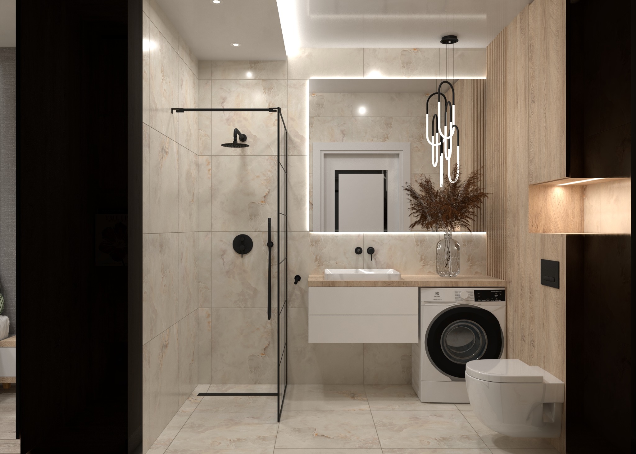 Nowoczesna łazienka z kabiną prysznicową typu walk-in, umywalką nablatową, pralką i wiszącą toaletą, wykończona płytkami imitującymi marmur i drewnianymi lamelami.