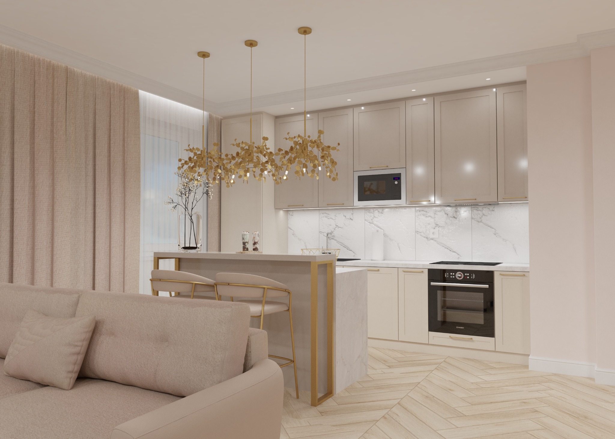 Beżowa kuchnia z marmurowym blatem, złotymi akcentami i dekoracyjnym oświetleniem, widok z salonu z beżową sofą.