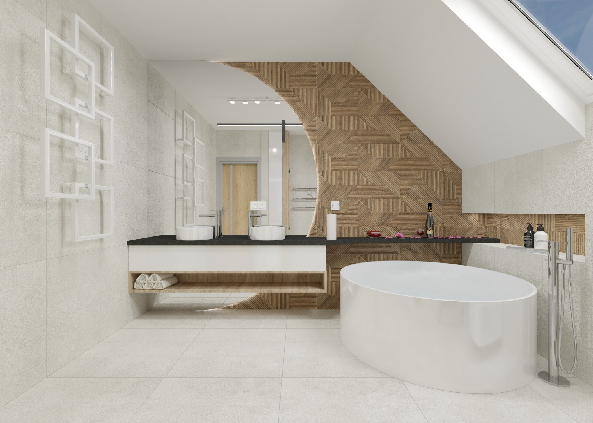 Wizualizacja łazienki na poddaszu z owalną wanną, dwiema umywalkami nablatowymi, drewnianą mozaiką na ścianie i dekoracyjnymi białymi ramkami na ścianie z płytek.