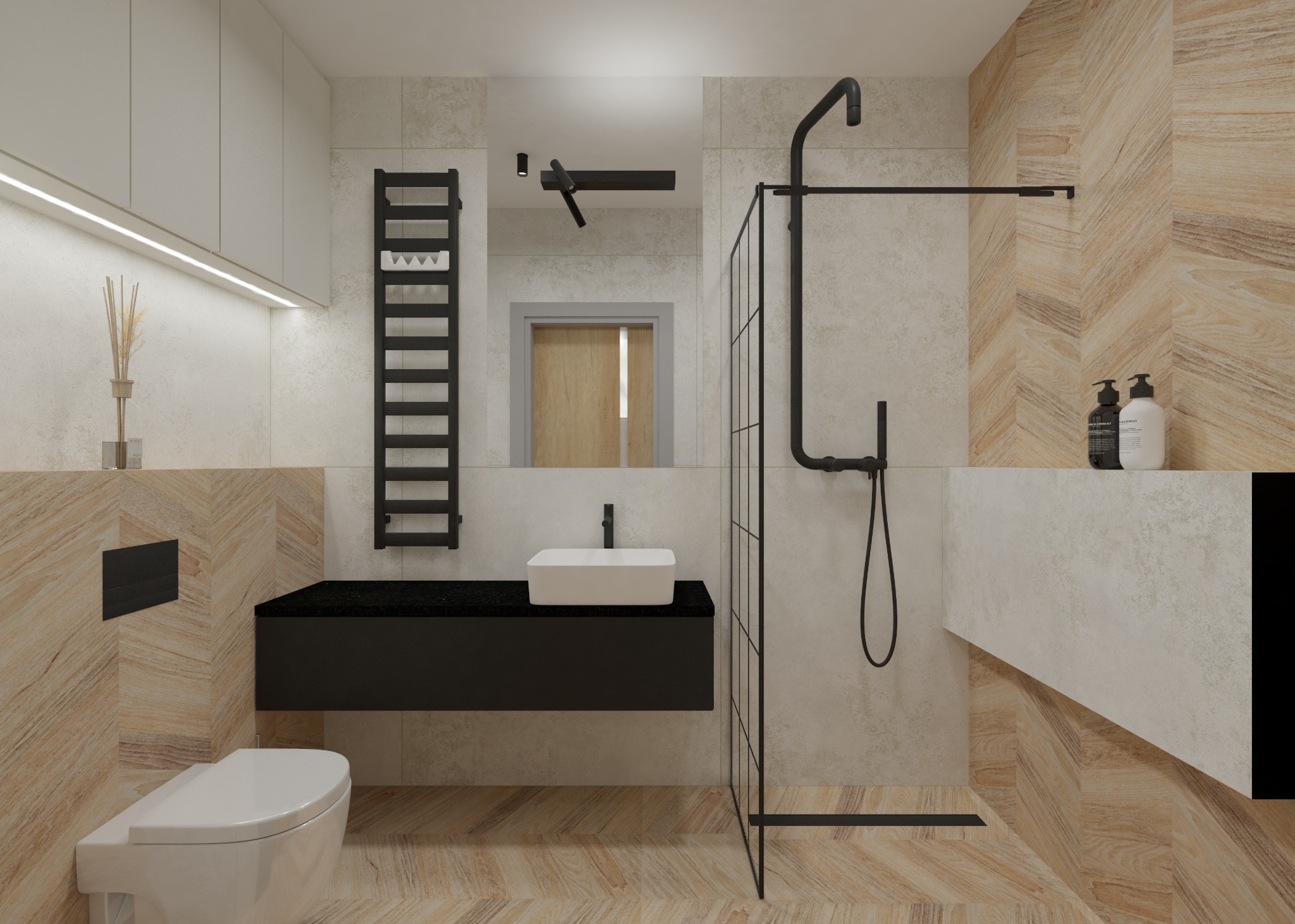 Wizualizacja łazienki z drewnopodobną podłogą i ścianami ułożonymi w jodełkę, czarną armaturą, minimalistyczną umywalką nablatową i kabiną prysznicową typu walk-in z czarnymi profilami.
