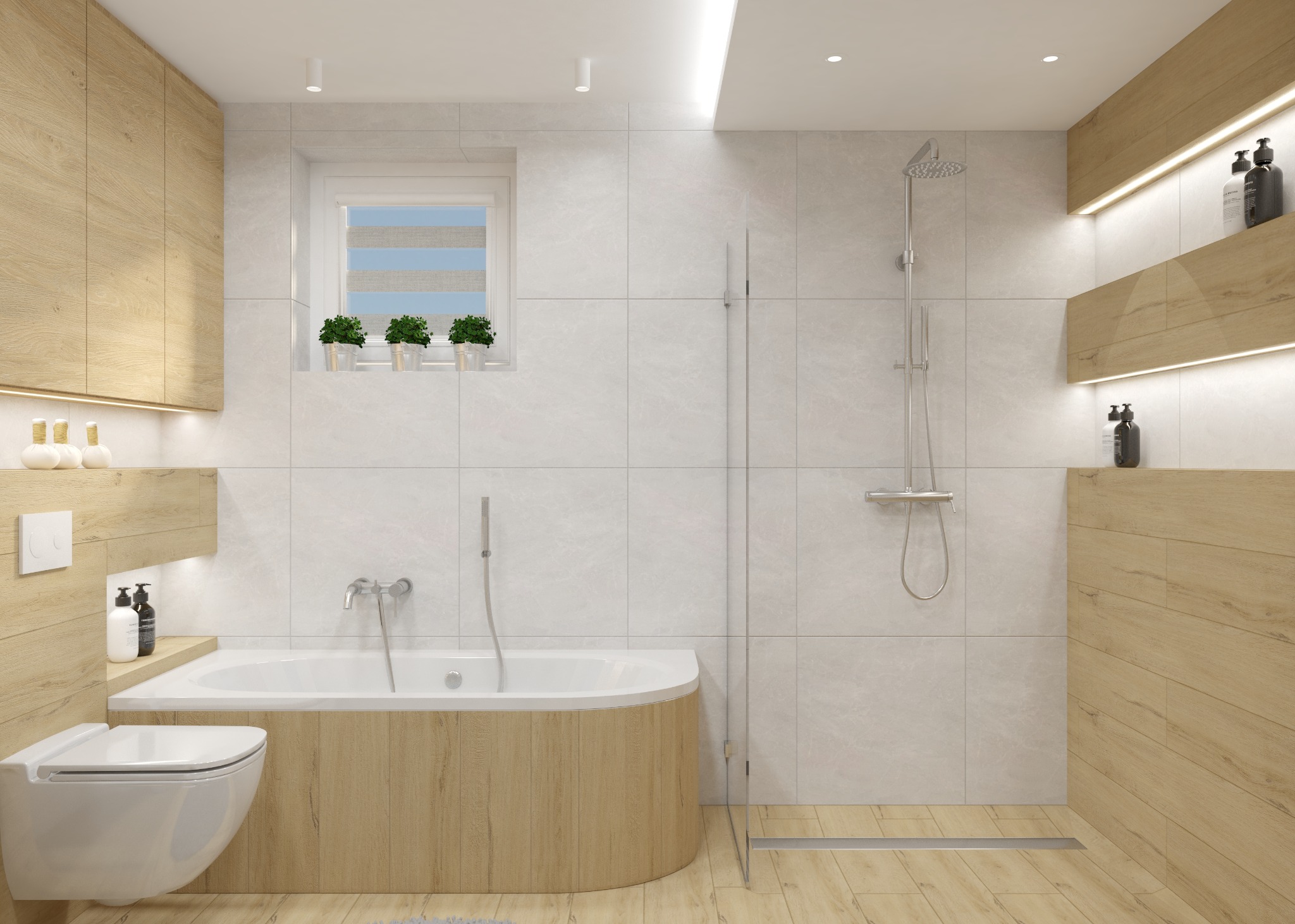 Wizualizacja nowoczesnej łazienki z wanną obudowaną drewnopodobnymi panelami, szklaną kabiną prysznicową i białymi płytkami na ścianach, uzupełniona o drewniane półki z oświetleniem punktowym...