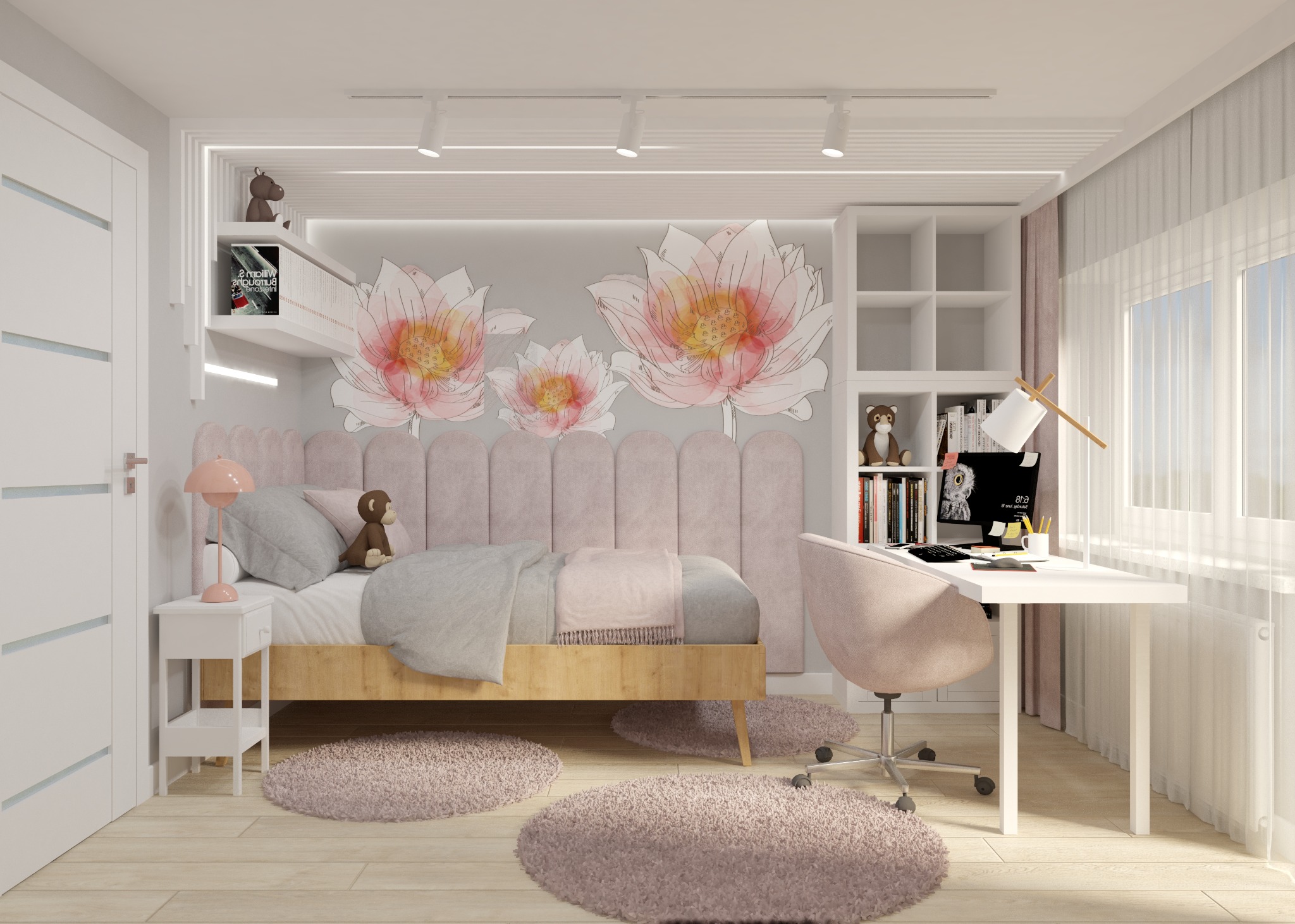 Pokój dziecięcy w pastelowych barwach z łóżkiem, biurkiem i dekoracją ścienną w postaci kwiatów lotosu.