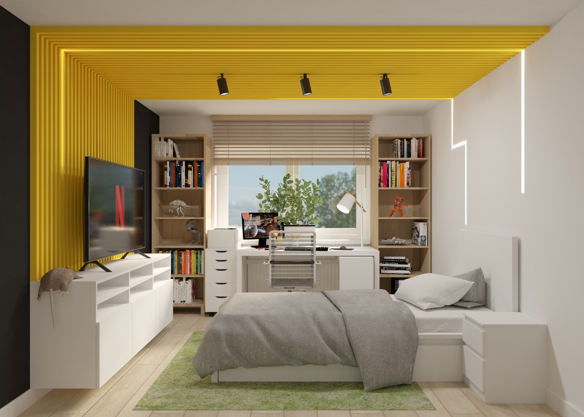 Pokój młodzieżowy z żółtymi akcentami: podwieszany sufit z oświetleniem punktowym, biurko z komputerem przy oknie, łóżko pojedyncze z szarą narzutą, regały z książkami i figurkami, pluszowy...