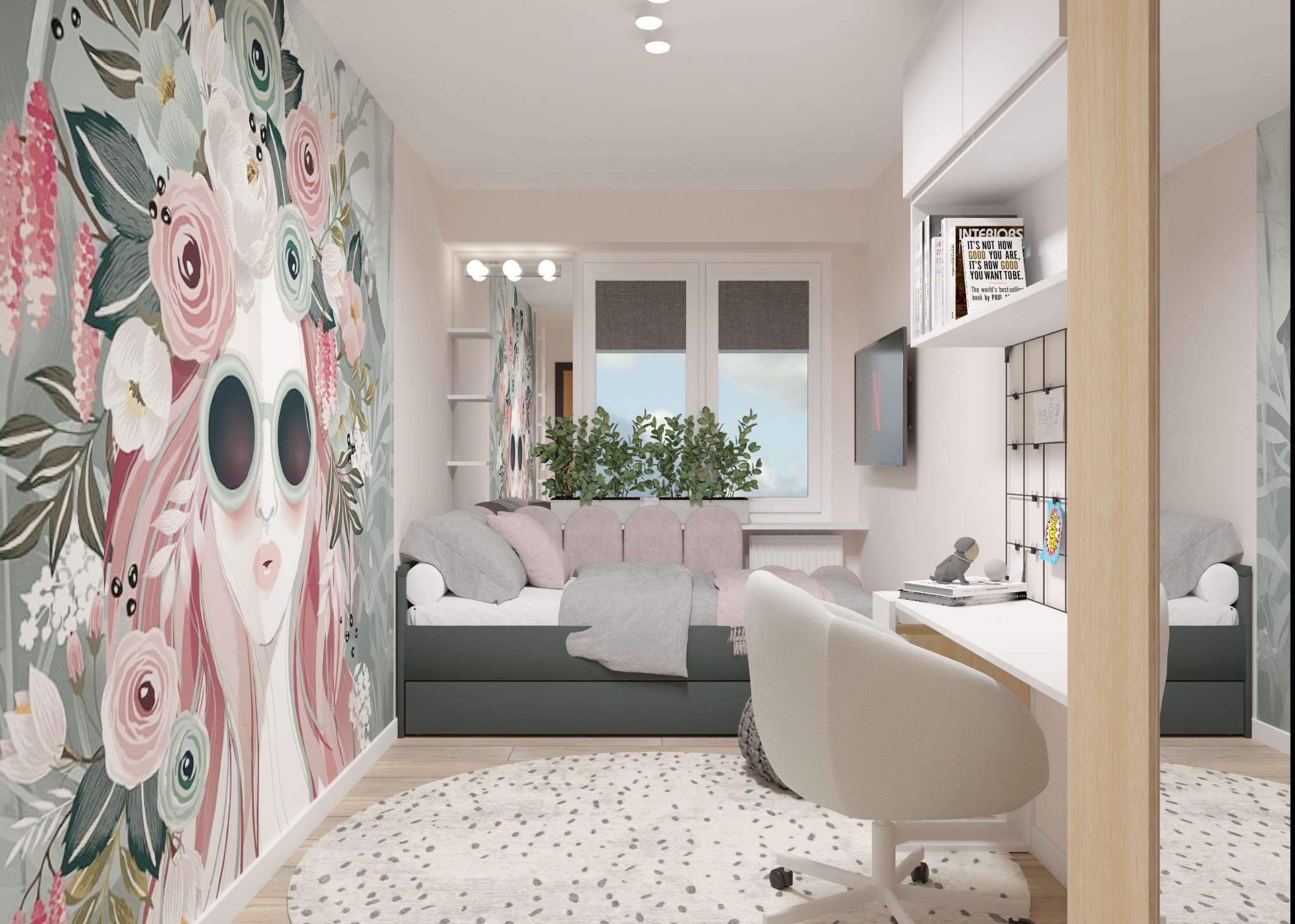 Pokój młodzieżowy z łóżkiem, biurkiem i tapetą z motywem kwiatowym i postacią w okularach, okrągły dywan w kropki, białe meble, neutralna kolorystyka, designerski wystrój.