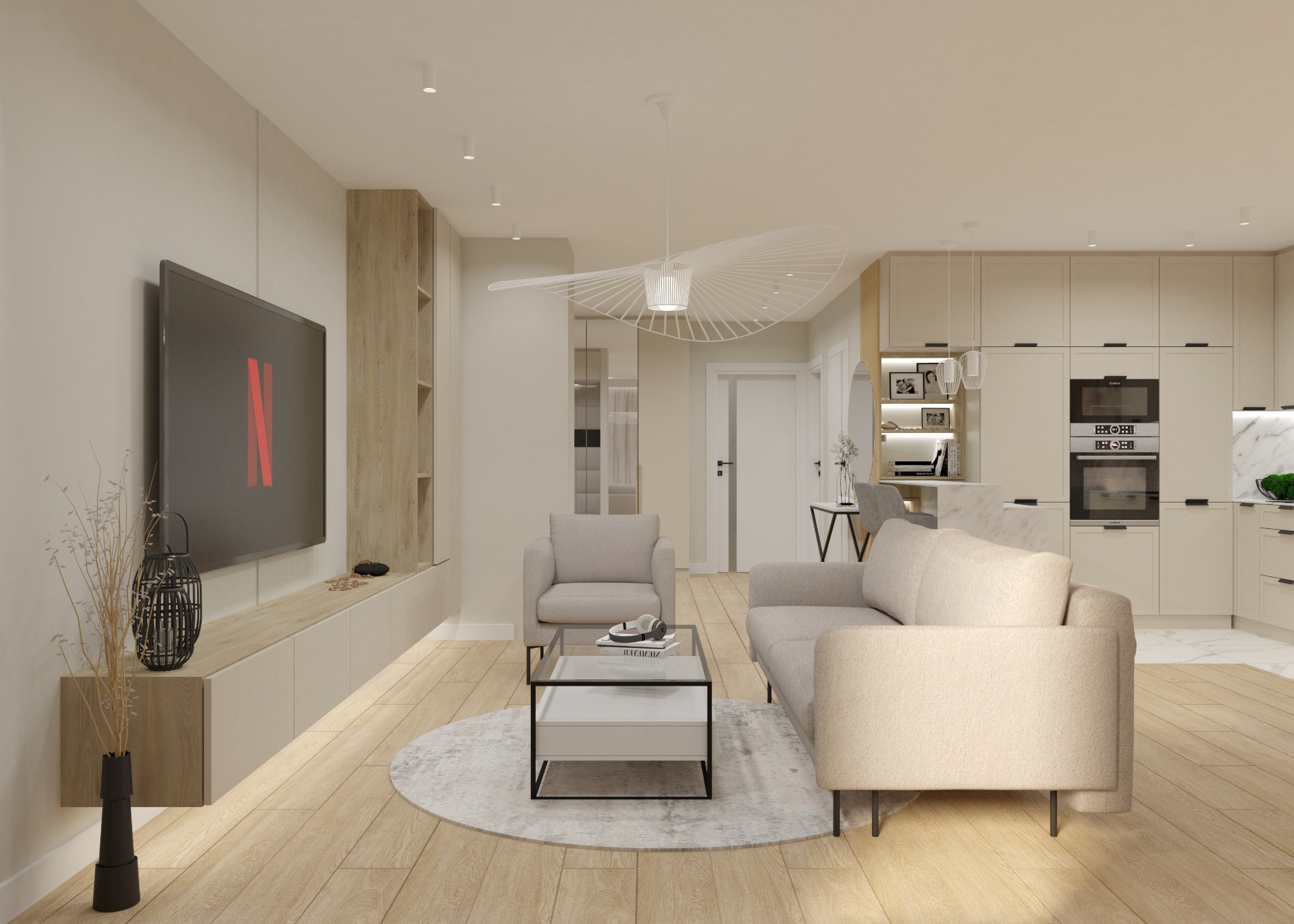 Jasne, przestronne wnętrze salonu z aneksem kuchennym, beżowe ściany, drewniana podłoga, szara sofa i fotel, modernistyczna lampa wisząca, telewizor z włączonym Netflixem, minimalistyczny stolik...
