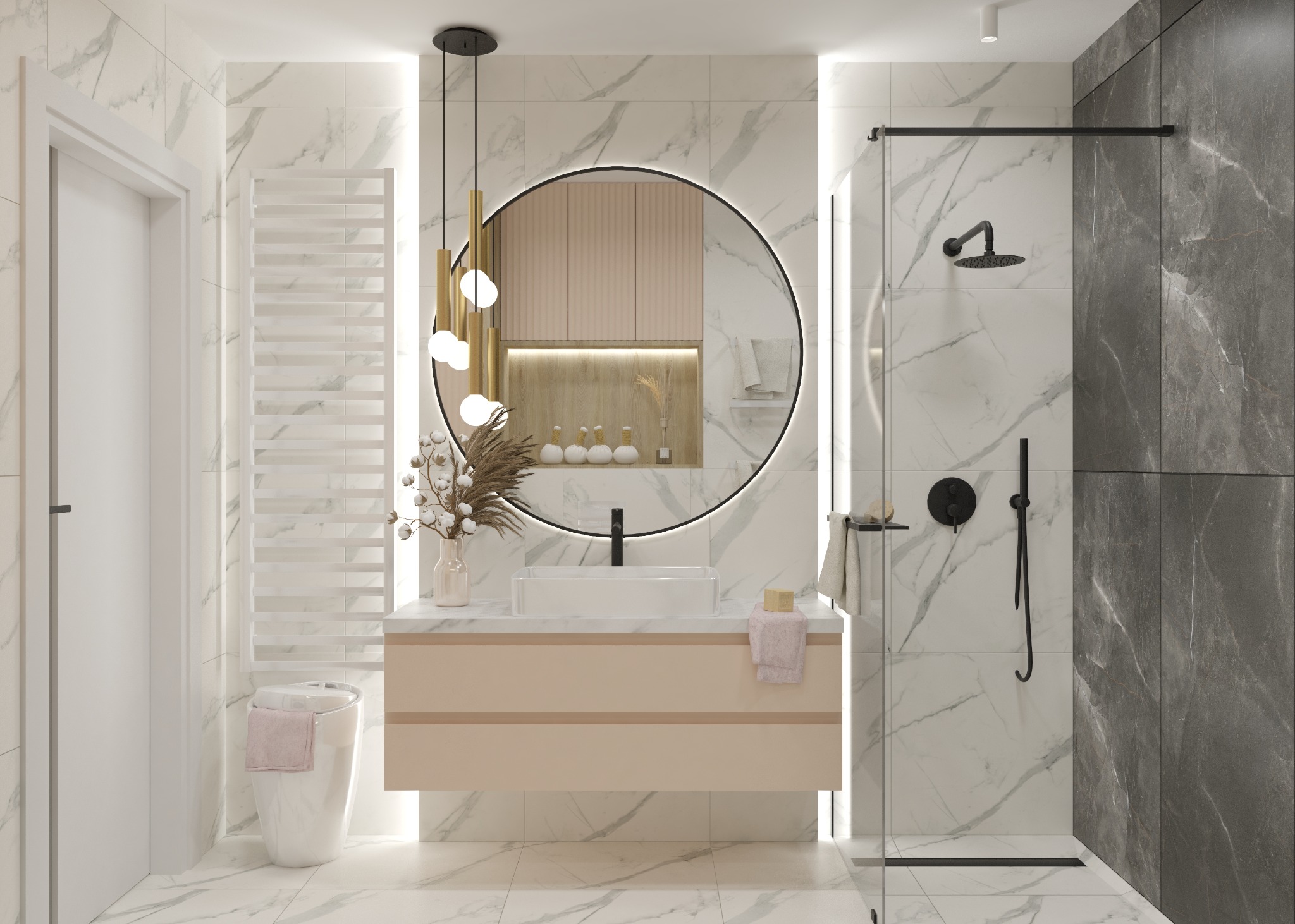 Nowoczesna łazienka z marmurowymi płytkami, okrągłym lustrem podświetlanym ledami, beżową szafką pod umywalką i czarną armaturą prysznicową.