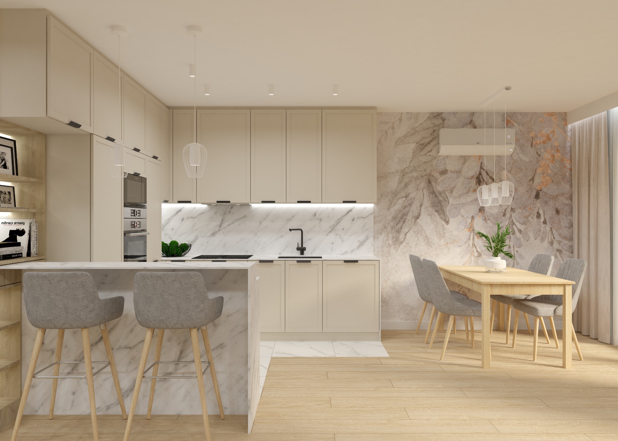 Jasna kuchnia z marmurowym blatem i wyspą, szare krzesła barowe i stół z czterema krzesłami, ściana z motywem roślinnym, klimatyzacja na ścianie.