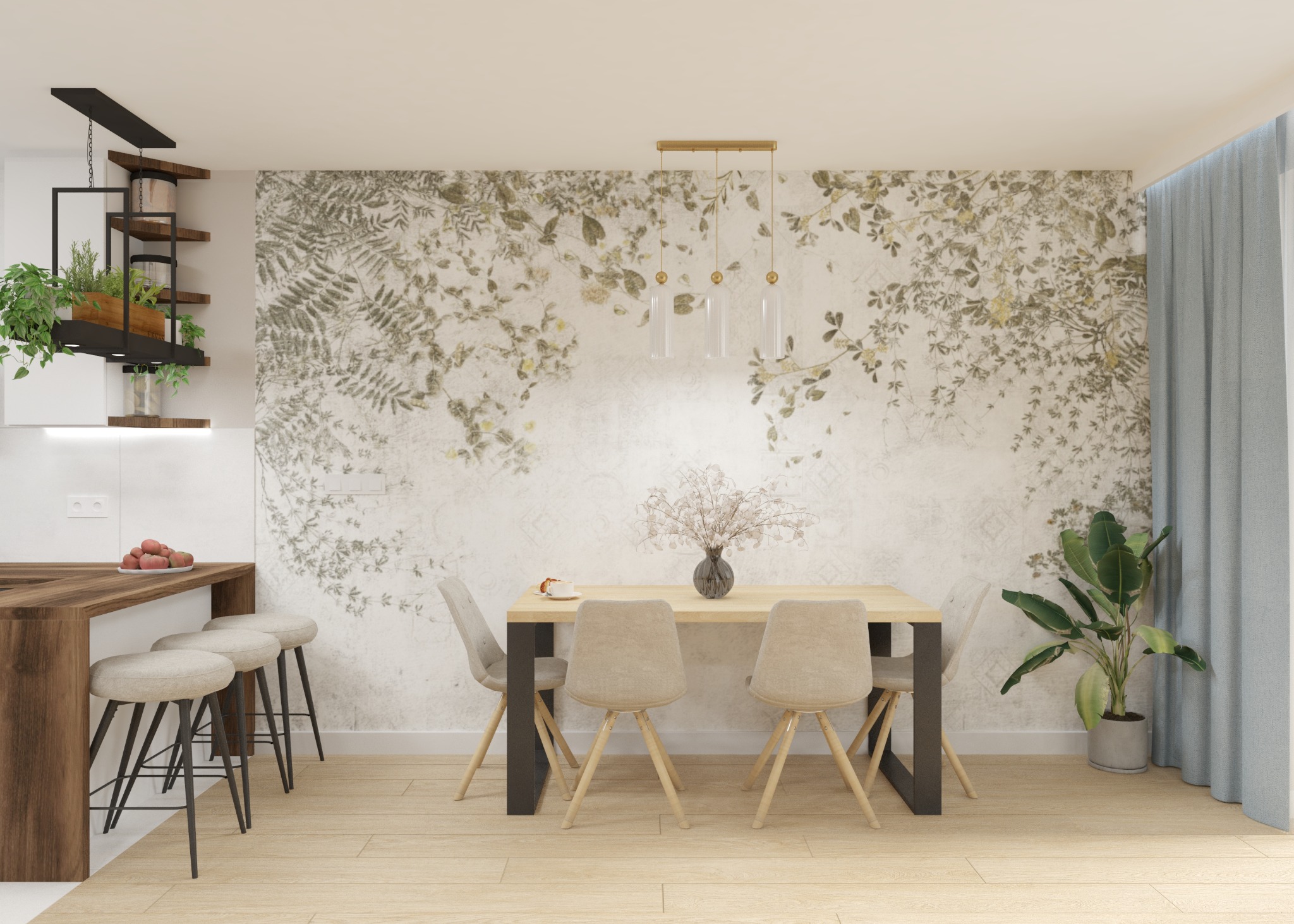 Jadalnia w jasnych barwach z drewnianym stołem, krzesłami w odcieniach beżu i ścianą z motywem roślinnym. Nad stołem wiszą trzy szklane lampy. W tle widoczny aneks kuchenny z półkami na zioła i owoce.