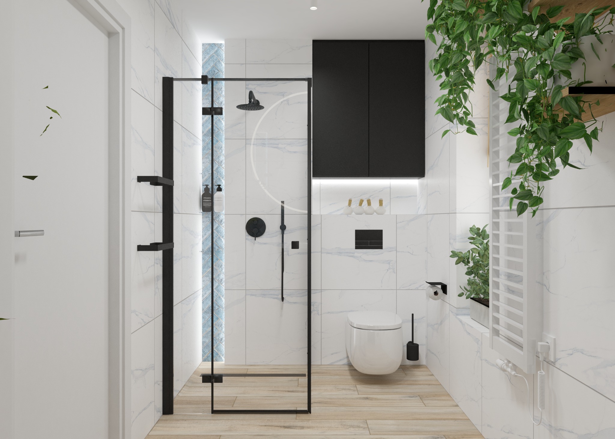 Nowoczesna łazienka z kabiną prysznicową typu walk-in z czarnymi profilami, wiszącą toaletą, drewnopodobną podłogą i roślinami doniczkowymi.