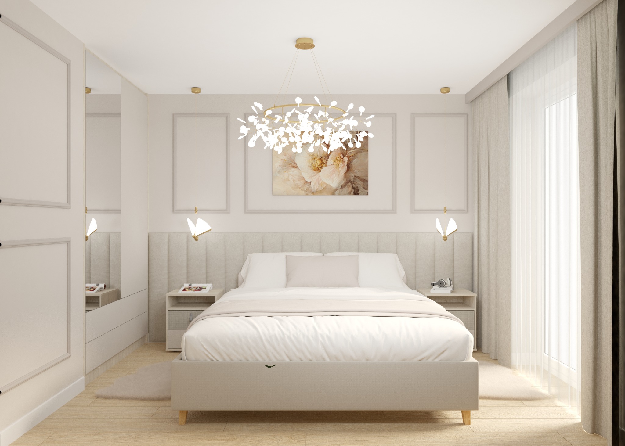 Jasna sypialnia z beżowym łóżkiem, tapicerowanym zagłówkiem, okrągłym, nowoczesnym żyrandolem i obrazem kwiatowym na ścianie