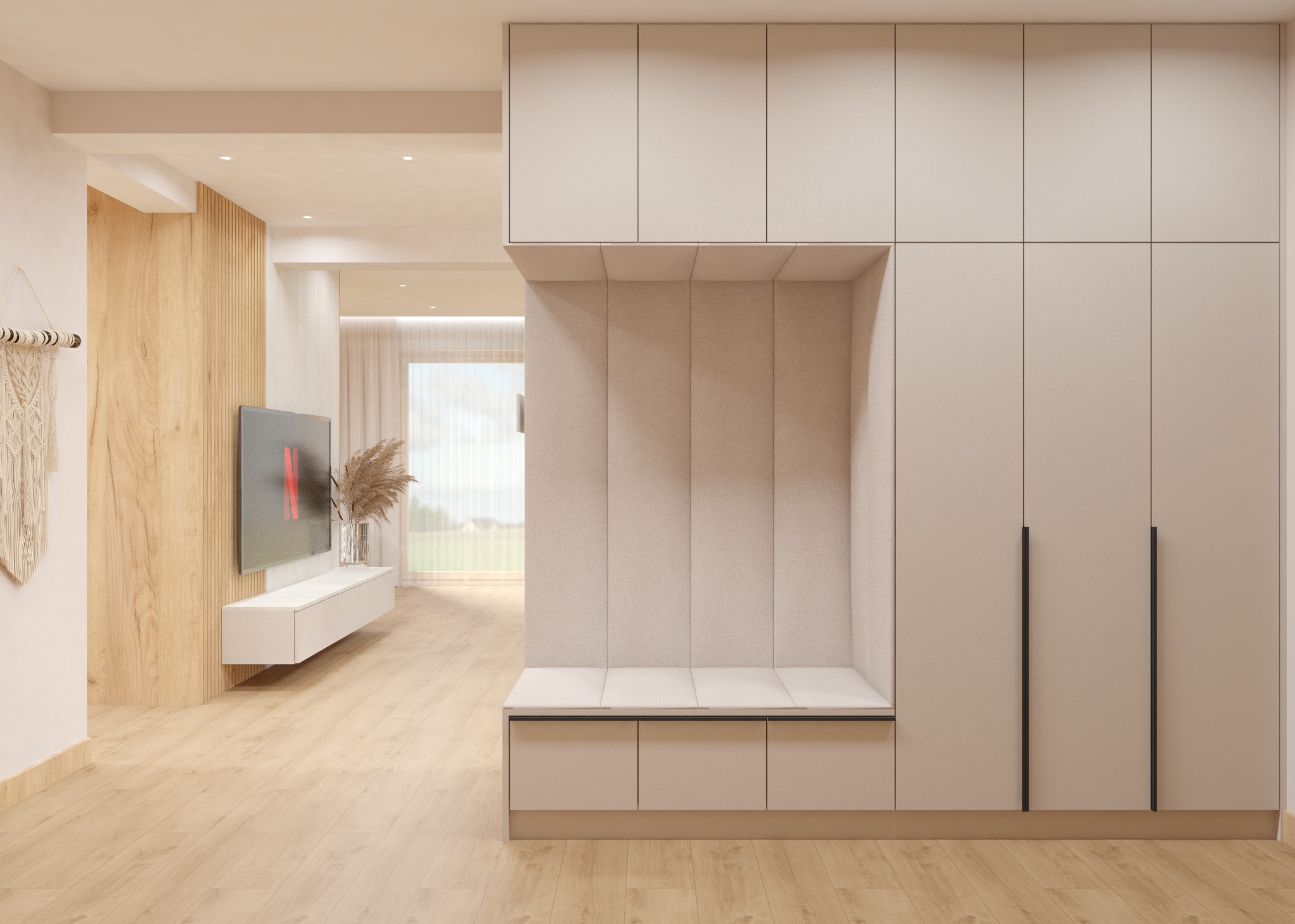 Beżowa szafa wnękowa z tapicerowanym siedziskiem i szafkami na buty, w tle salon z drewnianą ścianą, telewizorem i dekoracjami z suszonych traw.