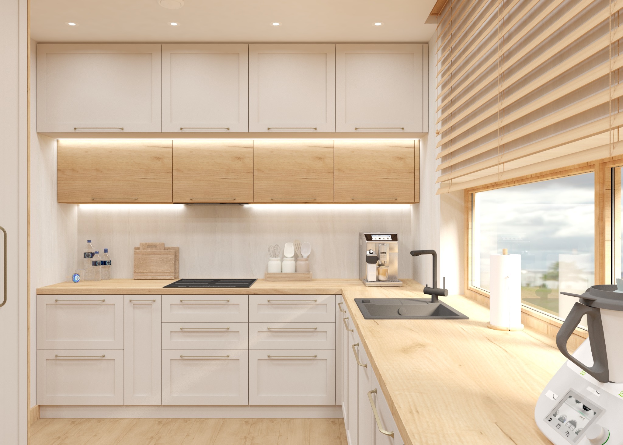 Jasna kuchnia z drewnianymi blatami, białymi szafkami i drewnianymi żaluzjami w oknie, widoczny ekspres do kawy i robot kuchenny Thermomix.