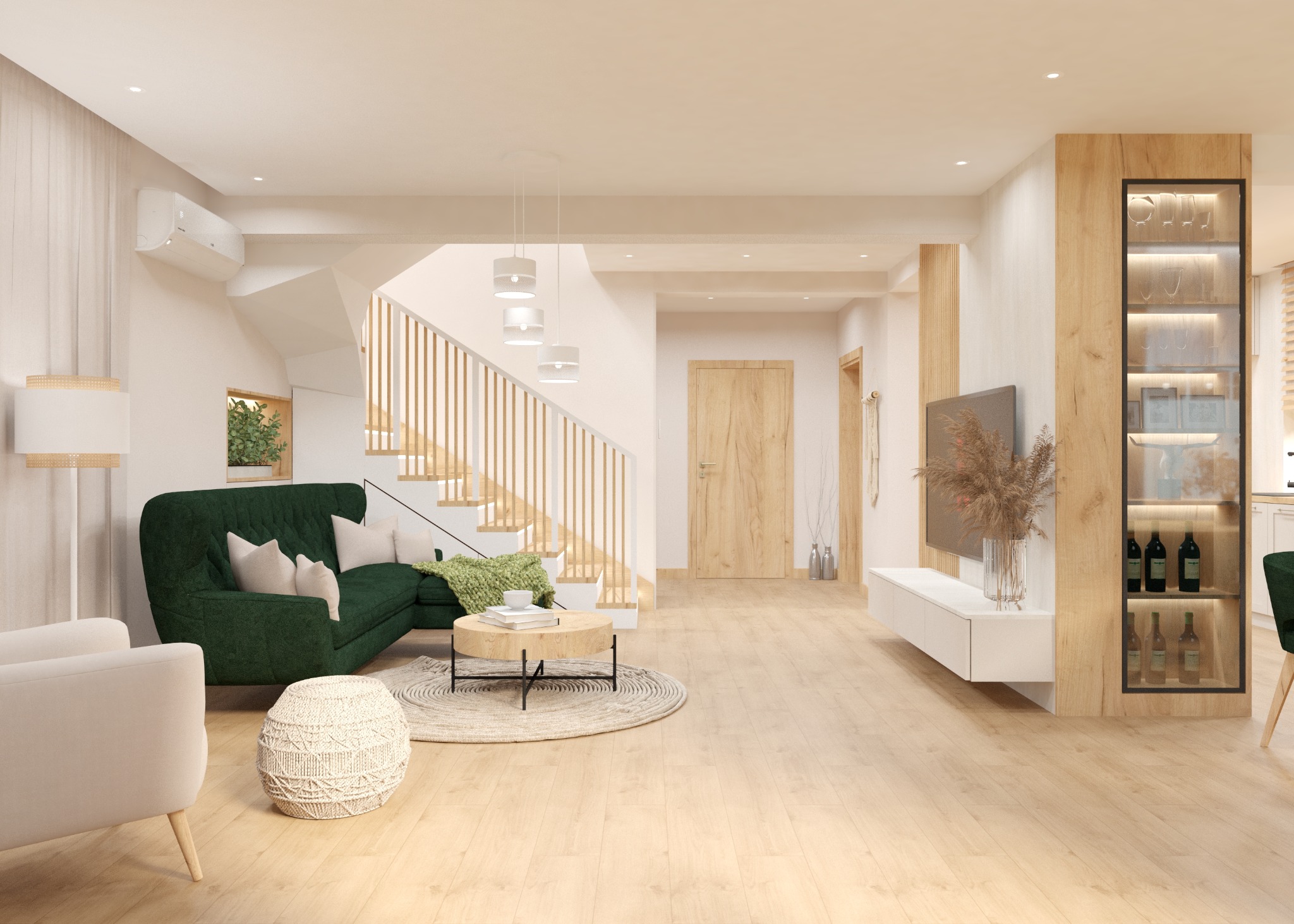 Jasne, przestronne wnętrze z zieloną sofą, drewnianymi schodami i elementami dekoracyjnymi w stylu skandynawskim, oświetlone wiszącymi lampami i subtelnym światłem dziennym.