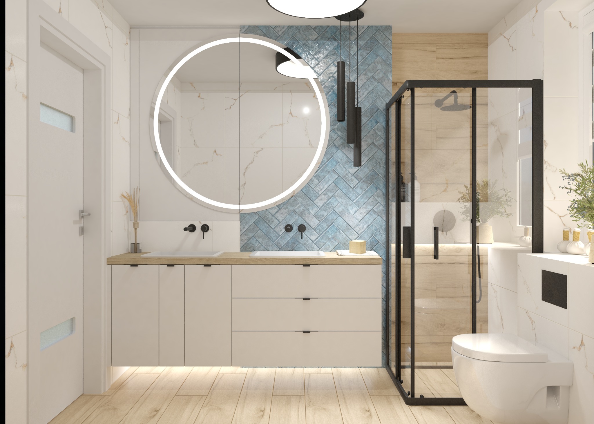 Wizualizacja nowoczesnej łazienki w Soninie z okrągłym lustrem podświetlanym LED, białą szafką pod umywalką z drewnianym blatem i kabiną prysznicową w czarnej ramie.