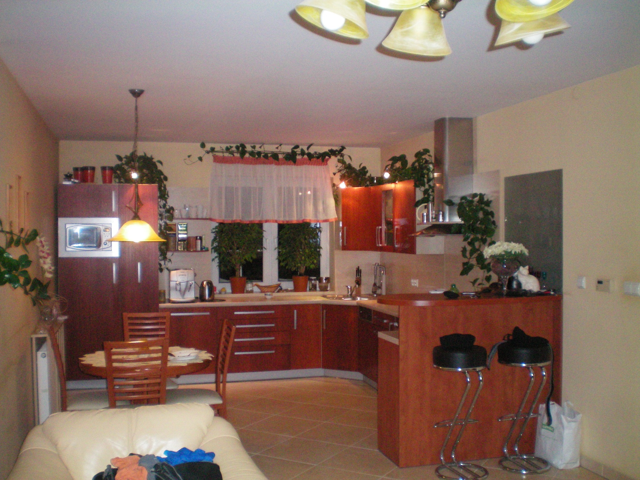 Kuchnia z drewnianymi meblami w odcieniach brązu, z wyspą i hokerami, ozdobiona roślinami pnącymi wokół okna z firanką i na szafkach, widoczny stół z krzesłami i fragment sofy.