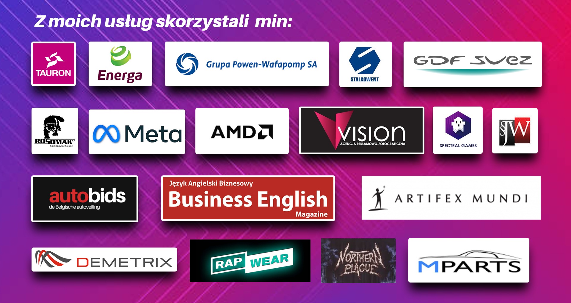 Lista kilku klientów, dla których mogłem wykonywałem usługę.